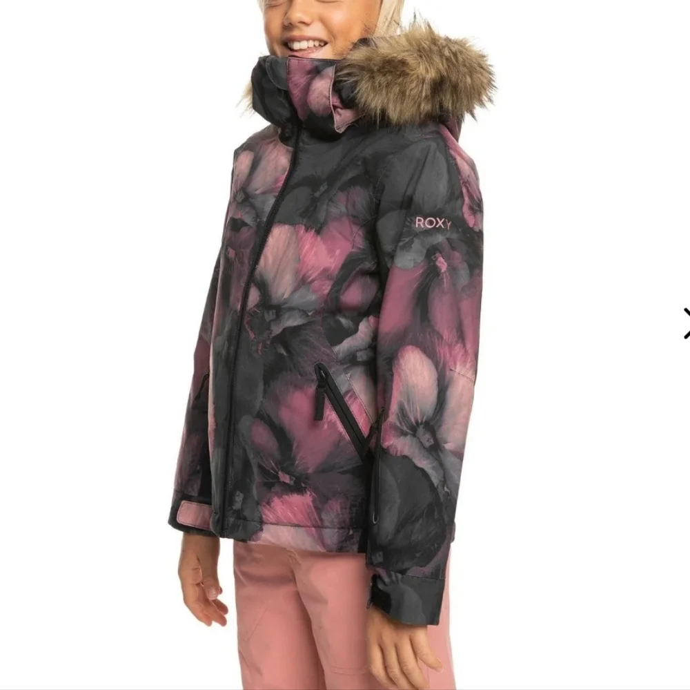 NWT ROXY Floral Pink GIRLS Size 16 XXL Jacket W/Faux FurTrimmed Hood